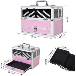 HOMCOM Mallette à Maquillage - Coffre à Cosmétiques - Rangement Produits De Beauté - Dim. 30L X 18l X 22H Cm - Poignée Serrure Alu. Acrylique Rose -Malette de rangement Soldes 2022 17270209 3