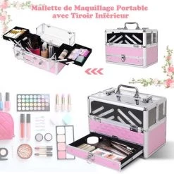 HOMCOM Mallette à Maquillage - Coffre à Cosmétiques - Rangement Produits De Beauté - Dim. 30L X 18l X 22H Cm - Poignée Serrure Alu. Acrylique Rose -Malette de rangement Soldes 2022 17270209 4