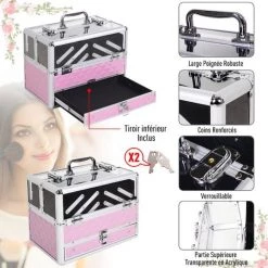 HOMCOM Mallette à Maquillage - Coffre à Cosmétiques - Rangement Produits De Beauté - Dim. 30L X 18l X 22H Cm - Poignée Serrure Alu. Acrylique Rose -Malette de rangement Soldes 2022 17270209 5