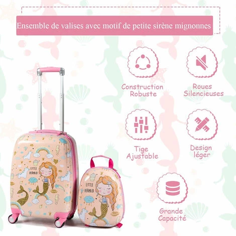 HELLOSHOP26 Valise Enfant 18" Et Sac à Dos 12" Bagage à Main Rose En Dessin Sirène Avec 4 Roulettes Et Poignée Réglable - Rose 3 HELLOSHOP26 Valise Enfant 18" Et Sac à Dos 12" Bagage à Main Rose En Dessin Sirène Avec 4 Roulettes Et Poignée Réglable - Rose – Image 3