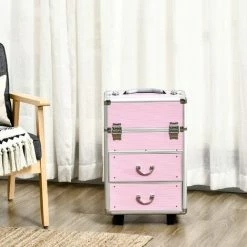 HOMCOM Valise Trolley Maquillage Malette Cosmétique Vanity Poignée Télescopique Réglable 36L X 23l X 58H Cm Alu Rose - Rose -Malette de rangement Soldes 2022 61063614 5